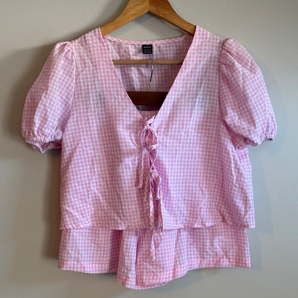Pink Gingham Puff Sleeve Blouse & Shorts